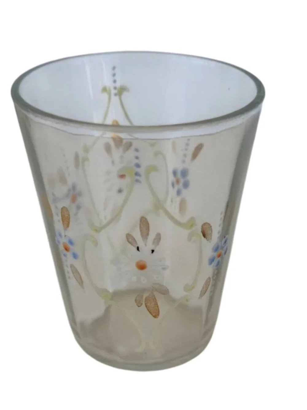 Vintage Enamel Hand‑Painted Glass Tumbler Blue White Daisy Gold Accents - Picture 4 of 4